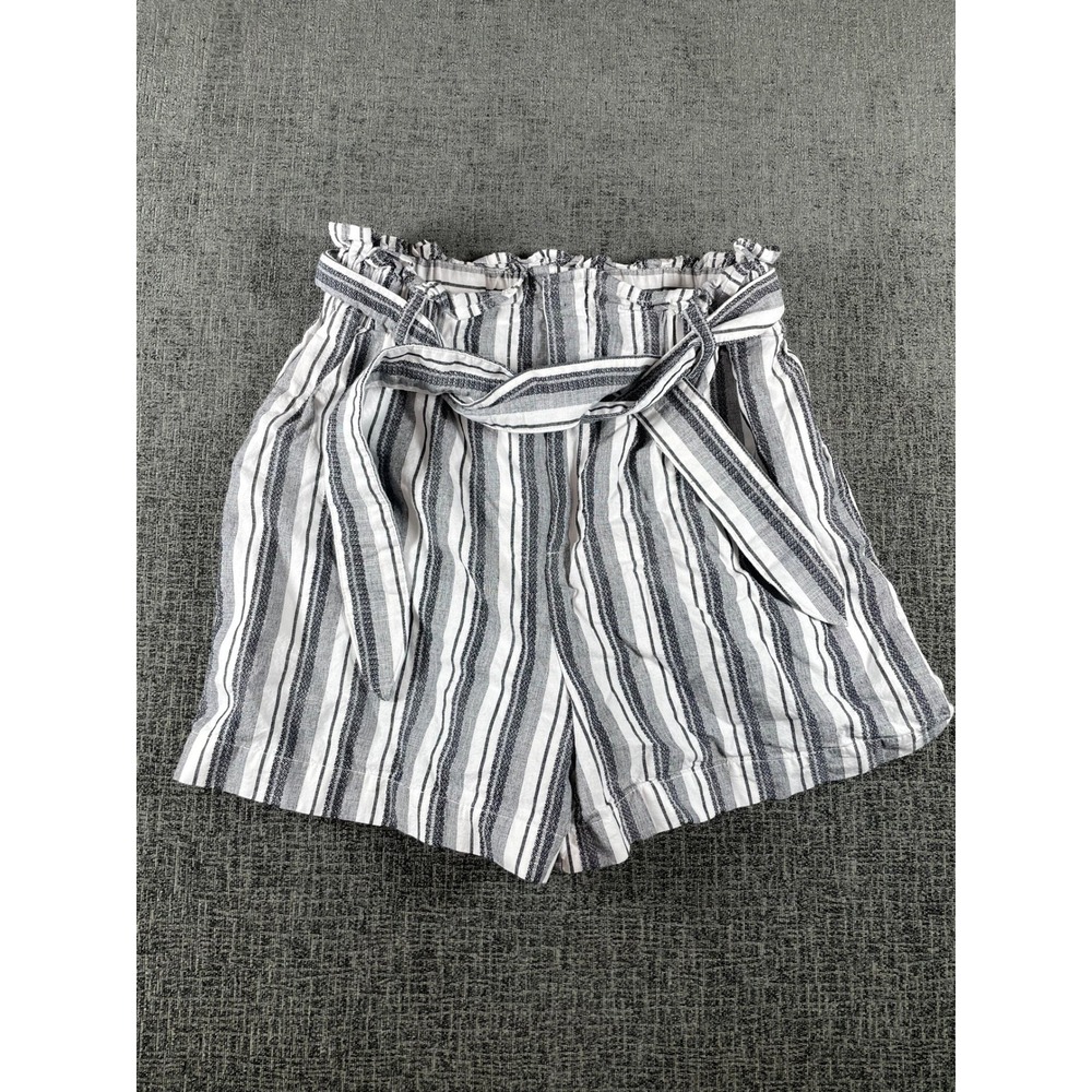 Express Paperbag Waist Striped Shorts Grey White High Rise Tie Belt XS